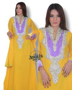 AWAIS HOUSE Women's Orange Blue Beaded Embroidery <b>Chiffon</b> Polyester Fiber Floor-Length Modest Evening Dress V-Neck Long Natural - Product Image 3