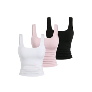 Women's <b>Black</b> Ruched Knitted <b>Tank</b> <b>Top</b> Scoop Neck Minimalist Solid Color Regular Length Cotton/Bamboo Fiber Garment Dyed Quick - Product Image 1