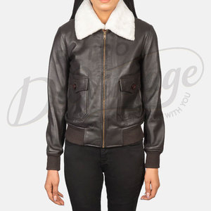 Chaqueta Bomber de Cuero Genuino Marrón Oscuro para Mujer, con Cuello de Piel Sintética Blanca, Corte Ajustado, Piel de Oveja Premium, Abrigo de Invierno Estilo Piloto - Product Image 3
