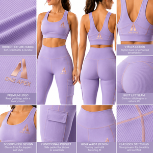 Conjunto de Leggings y Sujetador Deportivo Acanalado Color Lavanda para Mujer, Ropa Deportiva de Cintura Alta para Yoga, Gimnasio y Entrenamiento, Personalizable OEM ODM - Product Image 6