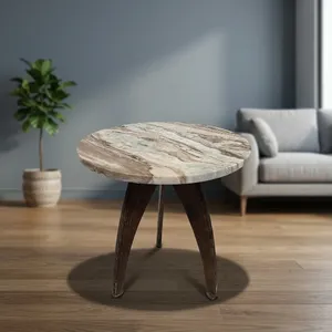 Modern <b>Round</b> Marble Top <b>Side</b> <b>Table</b> With Wooden Legs Handmade Living Room Furniture - Product Image 2