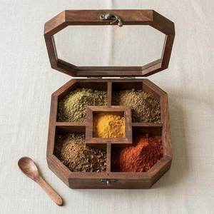 Natural Wooden Spice <b>Box</b> Multipurpose Wooden Spice Storage <b>Box</b> with Sectioned Interior for Masala <b>Herbs</b> Seasonings Kitchen spice - Product Image 3