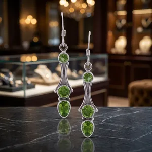 Classic Green Peridot Three Stone 925 <b>Silver</b> Drop <b>Earrings</b> Women's Everyday Wear Geometric Bezel Setting Jewelry - Product Image 3