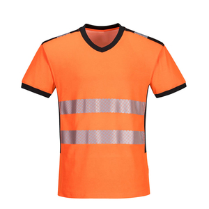 Chemise de sécurité unisexe jaune fluo à manches courtes et col en V, bandes réfléchissantes, logo personnalisé imprimé, vêtements de travail en polyester fluorescent - Product Image 4