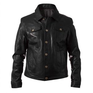 Chaqueta de Cuero Genuino Negra para Hombre, Estilo Moto Clásico, Cuello Camisero, Cierre de Botones, Corte Regular, Ropa de Otoño, Chaquetas para Hombre - Product Image 2