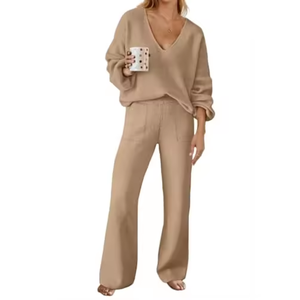 Conjunto de Suéter Tejido con Cuello en V para Mujer, Manga Larga, Color Sólido, Top y Pantalones de Punto para Otoño, Conjunto de 2 Piezas - Product Image 6