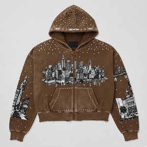 Custom <b>Brown</b> Distressed Zip Up Hoodie With Graphic Print Rhinestone Streetwear Sweatshirt For Unisex Comfort Wear - Product Image 1