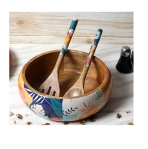 Wooden Bowl Salad Or Fruits Serving Bowl <b>Sticker</b> Printed Enamel Mango Wood Bowls With Spoon Enamel Printed - Product Image 6