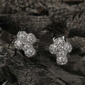 RB Gems Iced Out Curved Cross Stud Earrings 14K White Gold Lab Grown Diamonds Hip Hop Micro Pave Clusters - Product Image 1