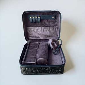 New Arrival Bohemian Real Fur Jewelry <b>Case</b> with Hand Tooling Design Closure Round Storage Box for Travel and Vanity Use - Product Image 3
