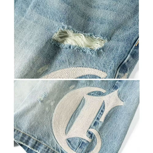 Shorts en jean baggy bleu clair coupe droite, taille mi-haute, avec braguette boutonnée, écologiques, coupe-vent, style urbain - Product Image 4