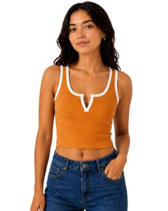 เสื้อกล้ามครอปสีส้มสำหรับผู้หญิง แต่งขอบสีขาว แขนกุด คอวี ทรงเข้ารูป สไตล์ลำลอง ผ้าฝ้ายยืดหยุ่น เหมาะสำหรับฤดูร้อน แฟชั่นเสื้อผู้หญิง - Product Image 1