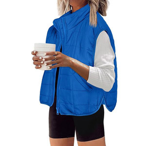 Gilet matelassé bleu pour femme, col montant, fermeture éclair, couleur unie, vêtement d'extérieur décontracté, coupe-vent - Product Image 1