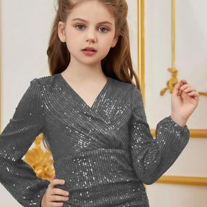 Vestido Corto Gris con Lentejuelas para Niña, Cuello en V, Bordado de Terciopelo, Tul Pesado, Vestido Formal para Niños, para Cumpleaños y Bodas - Product Image 5