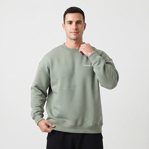 Sudadera Oversize para Hombre con Hombros Caídos, Venta al por Mayor, Alta Calidad, Estampado Personalizado, Verde Salvia Sólido, Algodón, Cuello Redondo, Bordada - Product Image 3