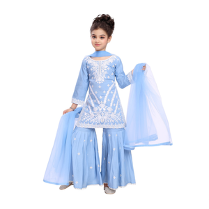 Girls' <b>Chikankari</b> Embroidered Light Blue Sharara <b>Suit</b> Set with Dupatta - Product Image 2