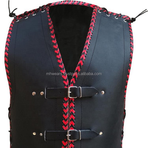 <b>Men's</b> Black Genuine Leather Waterproof Winter Solid Gothic <b>Vest</b> with <b>Red</b> Stitching Zipper Closure and 100% Polyester - Product Image 4