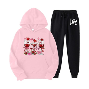 Conjunto Deportivo Casual de Otoño para Mujer, Sudadera Morada con Estampado de Copa de Vino y Pantalones Deportivos Negros con Estampado de Amor, Manga Larga, Transpirable - Product Image 5
