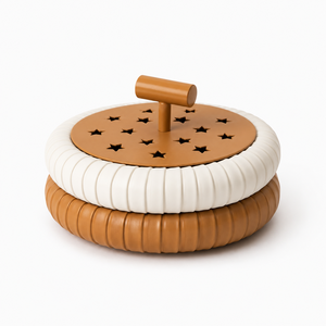 Brûleur d'encens rond en cuir avec couvercle en métal à motif étoiles découpées, finition bicolore élégante qui apporte chaleur et confort aux espaces modernes - Product Image 2