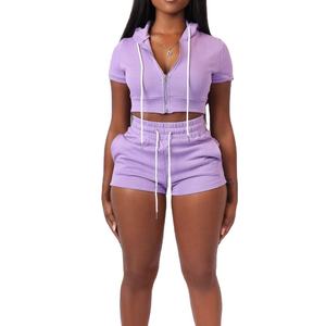 Ensemble deux pièces sexy d'été pour l'entraînement : Haut court à épaules dénudées en polaire zippé et short à capuche de haute qualité - Product Image 4