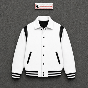 CLASSIC WHITE LETTERMAN VARSITY <b>JACKET</b> FOR MEN'S <b>Fleece</b> <b>Lined</b> Turn-down Collar Casual Autumn Wear SNAP BUTTON PREMIUM QUALITY CL - Product Image 5