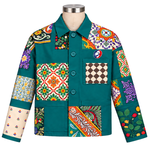 Chaqueta de Trabajo con Mosaico Teal, Multicolor, Artística, con Parches Florales, Cierre de Botones, Estilo Casual, con Bolsillos Funcionales - Product Image 1