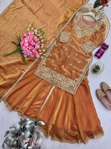 Premium Women's Traditional Ethnic Suit Party Wear with Elegant Twill Gold silk <b>Top</b> Plazzo Dupatta for <b>Festivals</b> - Product Image 6