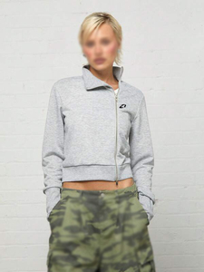 OEM ODM Women's Light Gray Cropped Zip <b>Jacket</b> Cotton Fleece Asymmetric Design Stand Collar Casual Outerwear Hoodies Custom Logo - Product Image 4