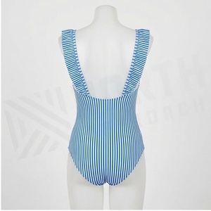 Women Striped One Piece Swimsuit With Ruffled Neckline Blue <b>White</b> Pattern Beachwear - Product Image 2