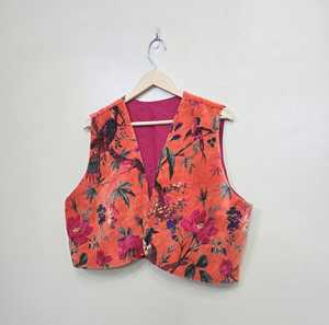 Floral & Bird Print Orange Velvet Sleeveless Vest – Luxury Designer Nature Inspired Outerwear - Product Image 3