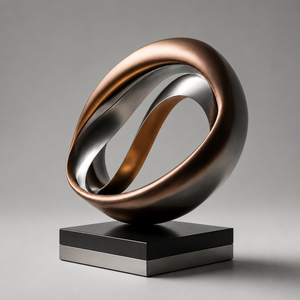 Escultura Abstracta de Anillo de Metal Plateado y Bronceado, Arte Moderno, Decoración de Lujo para Mesa, Estatua con Base de Pedestal Negra - Product Image 1