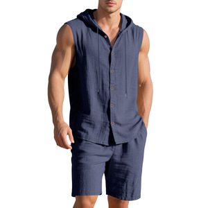 Men's 2 Piece <b>Linen</b> Outfit Sleeveless Hooded Button Shirt and Loose Straight <b>Shorts</b> for Everyday Wear - Product Image 4