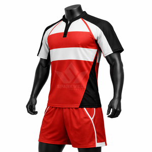 Maillot de rugby pour homme, rouge, blanc et noir, à blocs de couleur, manches courtes, col montant, kit de performance athlétique anti-humidité - Product Image 3
