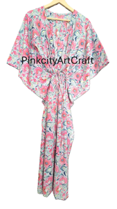 Vestido Kaftán Floral de Algodón, Hecho a Mano, con Estampado Flocado, Ecológico, Midi, Cuello en V, Informal, Apto para Embarazadas, Ropa de Estar por Casa, Regalo para Ella - Product Image 4