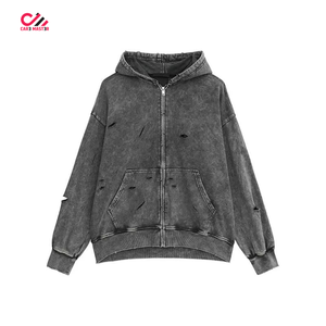 Conjunto de Sudadera con Capucha y Pantalones de Chándal de Algodón Desgastado para Hombre CARE MASTER, Ajuste Holgado, Estilo Urbano, Cremallera Frontal Completa, Gris, Otoño - Product Image 3