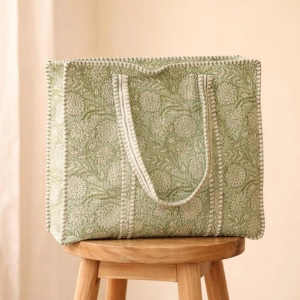 Indian Eco-Friendly Cotton <b>Quilted</b> Tote Bag <b>Double</b> Reinforced Shoulder Handles Hand-painted Zipper Embroidery Green Floral Block - Product Image 3