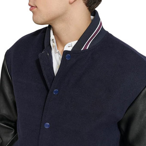 Veste de sport pour homme bleu marine avec manches en cuir PU, col rabattu, simple boutonnage, style décontracté, vêtement d'automne - Product Image 4