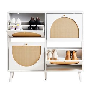 Scarpiera in Rattan a 2 File e 4 Contenitori, con Piedini Alti, 105x24x98cm, Struttura Bianca + Pannello Truciolare Originale + Scaffali in Plastica per Scarpe - Product Image 3