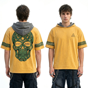 Camiseta con Capucha Amarillo Mostaza Personalizada de 200GSM con Estampado de Calavera Celta Ancient Soul, Fabricante de Ropa Urbana, Venta al por Mayor, Marca Privada - Product Image 1