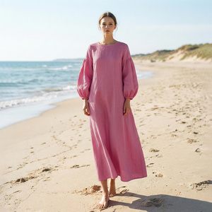 Vestido Midi de Algodón Orgánico a Precio de Fábrica, Cintura Alta, Manga Campana, Bolsillos Laterales con Lazo, Talla Grande, Estilo Vintage, para Uso Diario, para Mujer - Product Image 1