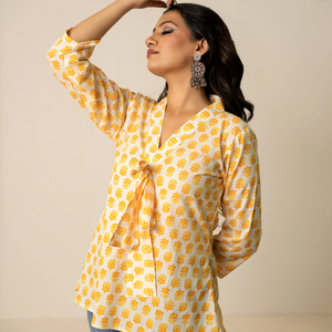 Sukoon Dotty <b>Yellow</b> Hand Block Printed Cotton Tunic Top for Women with <b>Tie</b>-Up Neck | Casual Summer Wear Wholesale Export - Product Image 1