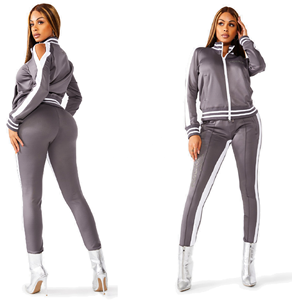 Ropa de gimnasio para mujer, con cremallera frontal, cuello acanalado y puño, trajes de pista a rayas laterales, trajes para correr ajustados con cremallera para el sudor - Product Image 4