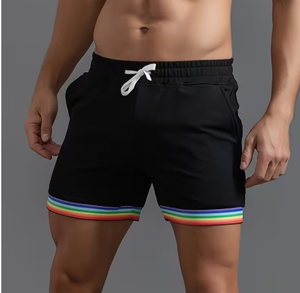 Men s Black Quick Dry Drawstring Shorts With Rainbow Trim <b>Elastic</b> Waist Casual Sport Style Short Length Solid Color - Product Image 3