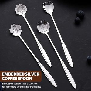 Ensemble de cuillères à café en acier inoxydable avec motif floral en forme de cœur, manche long, finition miroir, plaqué argent, pour les fêtes - Product Image 4