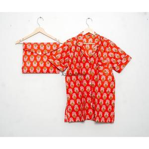 Conjunto de Pijama de Algodón para Mujer, Cuello en V, Manga Corta, con Cordón, Estampado Floral, Romántico, Clásico, Ligero, Transpirable, de Secado Rápido, para Verano - Product Image 1