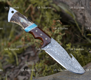 Couteau de chasse et de camping à lame fixe en acier Damas forgé à la main, pointe tombante, crochet à viande, manche en bois de cerf, OEM - Product Image 5