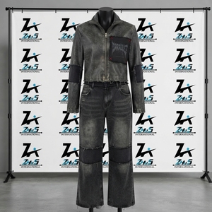 Wholesale Rate Ladies Style Patchwork <b>Zip</b>-Up Leather Crop <b>Top</b> Loose Fit Straight Leg Street Style Leather Vintage Tracksuit - Product Image 1