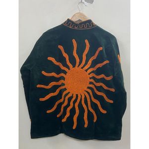 Y2K Black Velvet <b>Jacket</b> <b>Women</b> Stand Collar Zipper Coat Orange <b>Embroidered</b> Sun Pattern Long Sleeve Top - Product Image 2