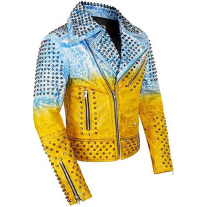 Blue & Gold Studded Leather <b>Jacket</b> <b>Gothic</b> Premium <b>Jacket</b> with Spikes Mens Spiked Rock Punk OEM ODM - Product Image 5