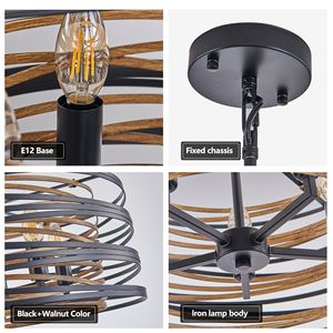 Lampadario a sospensione industriale rustico da 20 pollici a 5 luci, gabbia in metallo nero noce con accenti in legno per l'arredamento dell'isola della cucina - Product Image 6